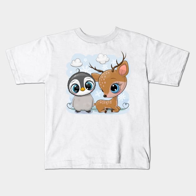 Cute Penguin and Deer Kids T-Shirt by Reginast777